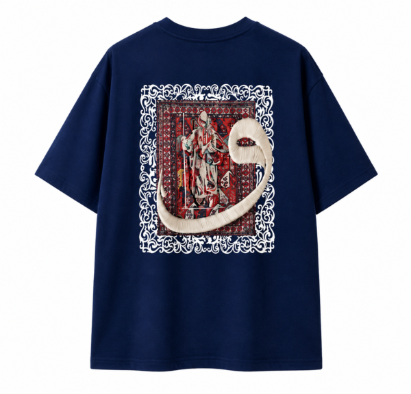 Arabic Calligraphy Waw & Dervish Graphic Navy Blue Oversized T-Shirt