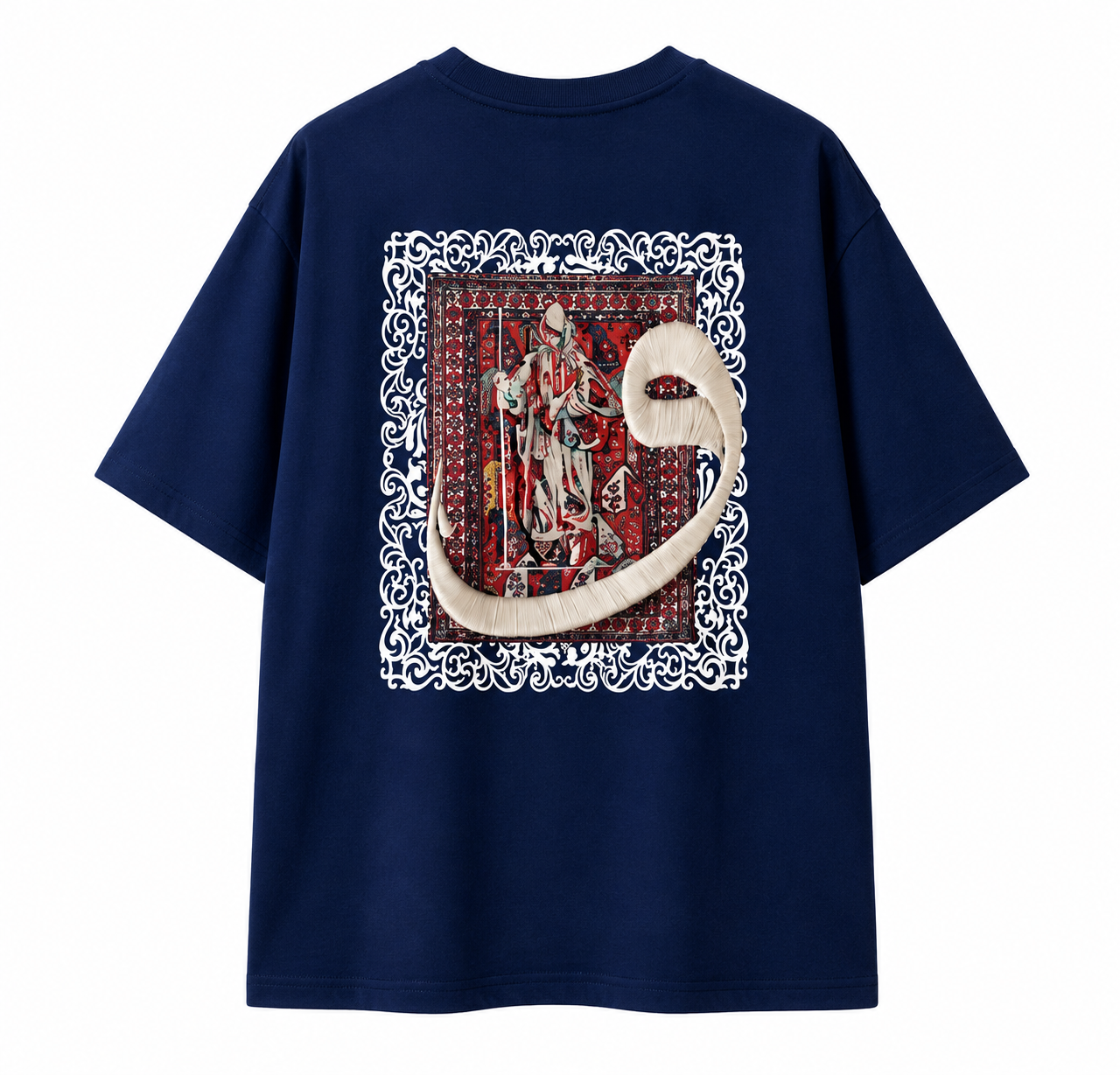 Back Arabic Calligraphy Waw & Dervish Graphic Navy Blue Oversized T-Shirt